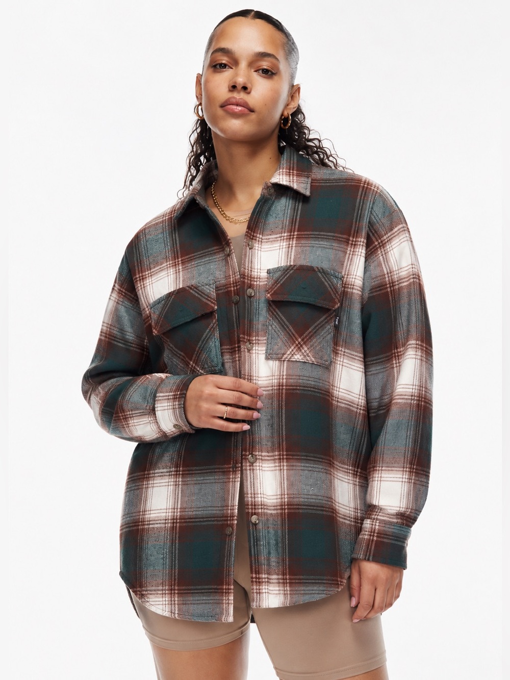 TNA Aritzia Plaid Size 1 Shirt Jacket Brown Green Large Organic Cotton